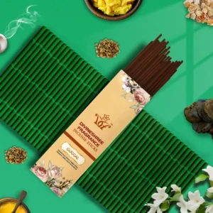 Divineshree Fragrance natural incense sticks, elegantly wrapped in green patterned packaging for a refreshing, earthy aroma with vibrant flowers.