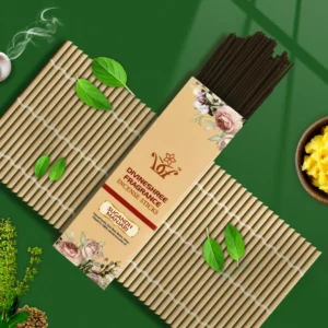 Divineshree Fragrance incense sticks with fresh leaves and golden diya on green background.